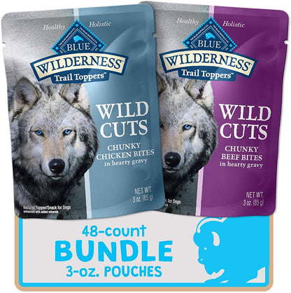 Wilderness Trail Toppers Wild Cuts High Protein, Natural Wet Dog Food, Chicken and Beef Bites, 3 - Oz Pouch, (48 Count - 24 of Each Flavor) - FurrrBabies & More! - 744759364265