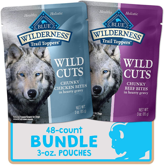 Wilderness Trail Toppers Wild Cuts High Protein, Natural Wet Dog Food, Chicken and Beef Bites, 3 - Oz Pouch, (48 Count - 24 of Each Flavor) - FurrrBabies & More! - 744759364265