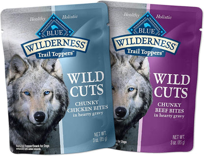Wilderness Trail Toppers Wild Cuts High Protein, Natural Wet Dog Food, Chicken and Beef Bites, 3 - Oz Pouch, (48 Count - 24 of Each Flavor) - FurrrBabies & More! - 744759364265