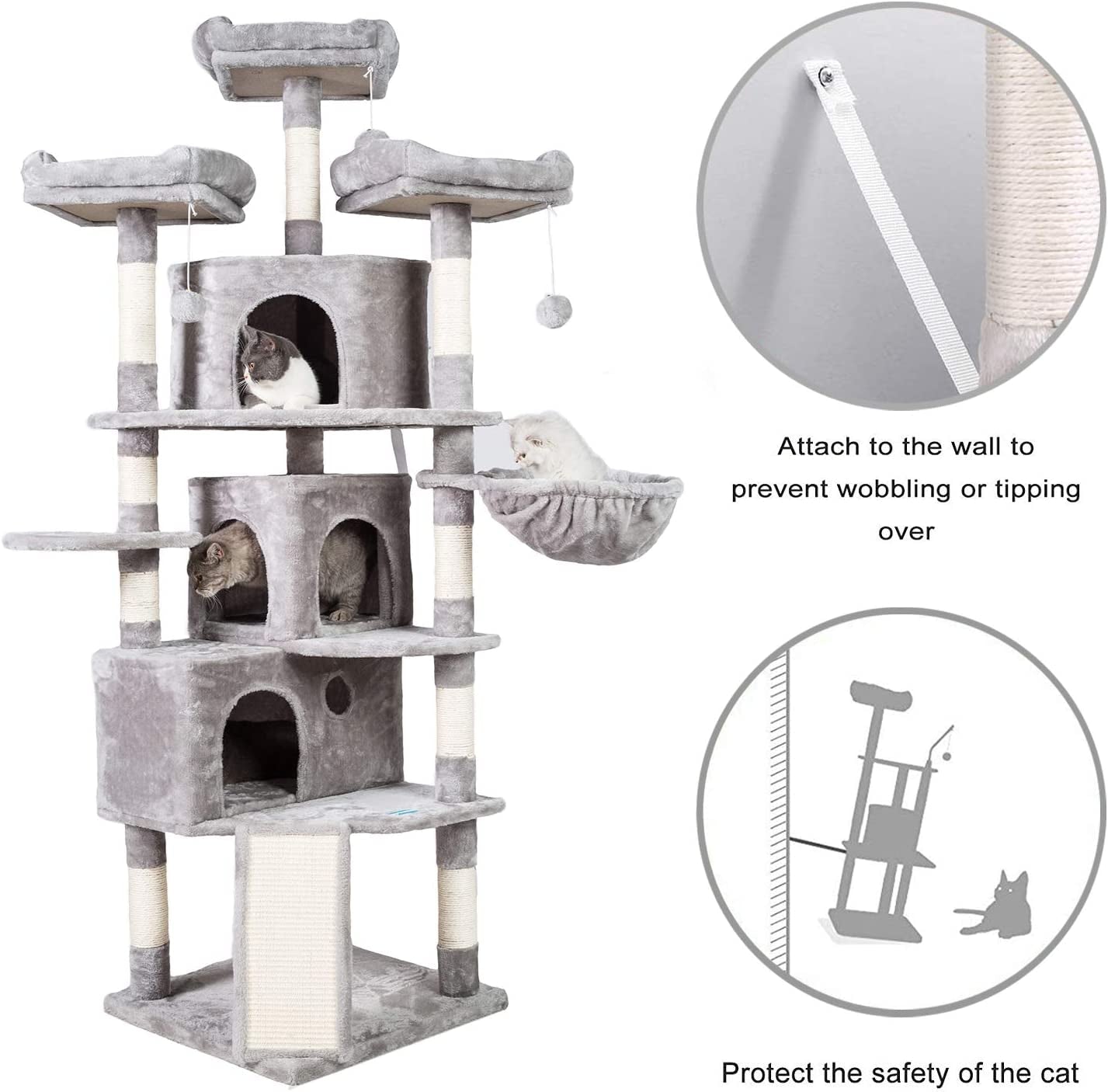 XL Size Cat Tree, 73.4 Inch Cat Tower with 3 Caves, 3 Cozy Perches, Scratching Posts, Board, Activity Center Stable for Kitten/Gig Cat, Light Gray MPJ032W - FurrrBabies & More! - 313042847831