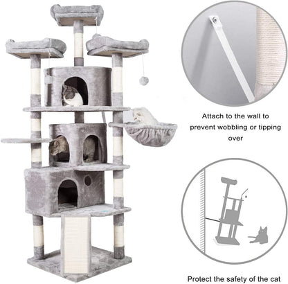 XL Size Cat Tree, 73.4 Inch Cat Tower with 3 Caves, 3 Cozy Perches, Scratching Posts, Board, Activity Center Stable for Kitten/Gig Cat, Light Gray MPJ032W - FurrrBabies & More! - 313042847831