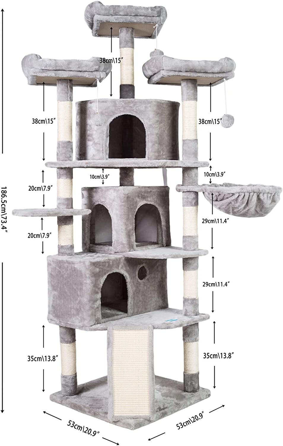 XL Size Cat Tree, 73.4 Inch Cat Tower with 3 Caves, 3 Cozy Perches, Scratching Posts, Board, Activity Center Stable for Kitten/Gig Cat, Light Gray MPJ032W - FurrrBabies & More! - 313042847831