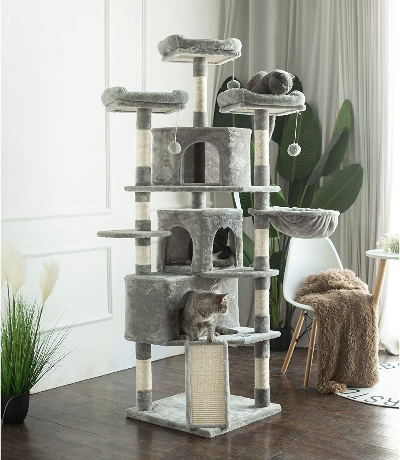 XL Size Cat Tree, 73.4 Inch Cat Tower with 3 Caves, 3 Cozy Perches, Scratching Posts, Board, Activity Center Stable for Kitten/Gig Cat, Light Gray MPJ032W - FurrrBabies & More! - 313042847831
