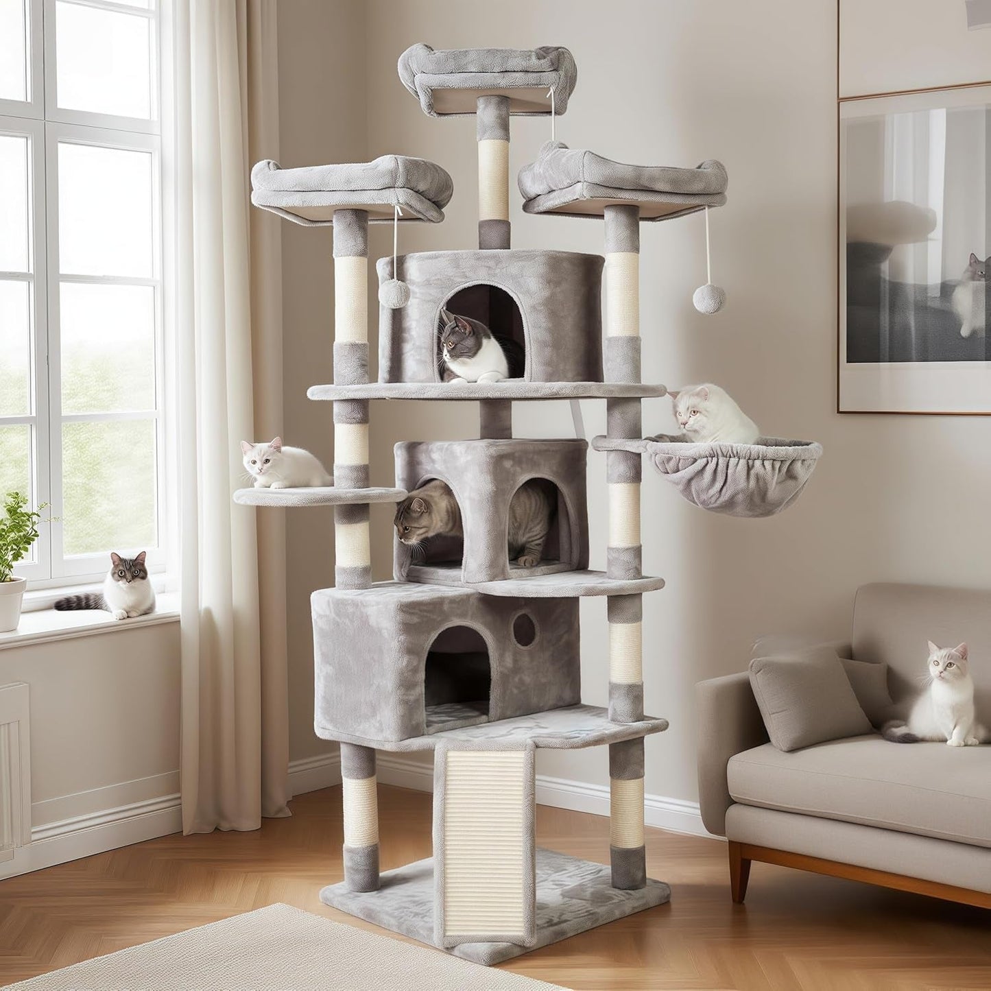 XL Size Cat Tree, 73.4 Inch Cat Tower with 3 Caves, 3 Cozy Perches, Scratching Posts, Board, Activity Center Stable for Kitten/Gig Cat, Light Gray MPJ032W - FurrrBabies & More! - 313042847831