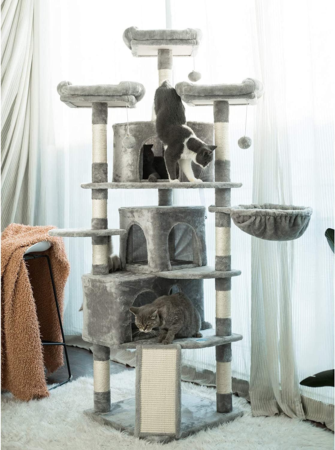 XL Size Cat Tree, 73.4 Inch Cat Tower with 3 Caves, 3 Cozy Perches, Scratching Posts, Board, Activity Center Stable for Kitten/Gig Cat, Light Gray MPJ032W - FurrrBabies & More! - 313042847831