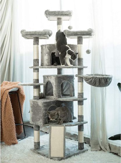 XL Size Cat Tree, 73.4 Inch Cat Tower with 3 Caves, 3 Cozy Perches, Scratching Posts, Board, Activity Center Stable for Kitten/Gig Cat, Light Gray MPJ032W - FurrrBabies & More! - 313042847831